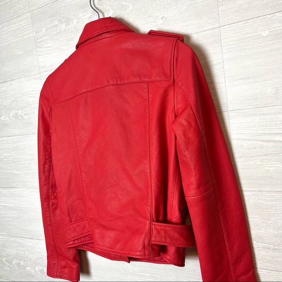 AllSaints Balfern Belted Coral Red Leather Biker Jacket Size 6 - Picture 13 of 16